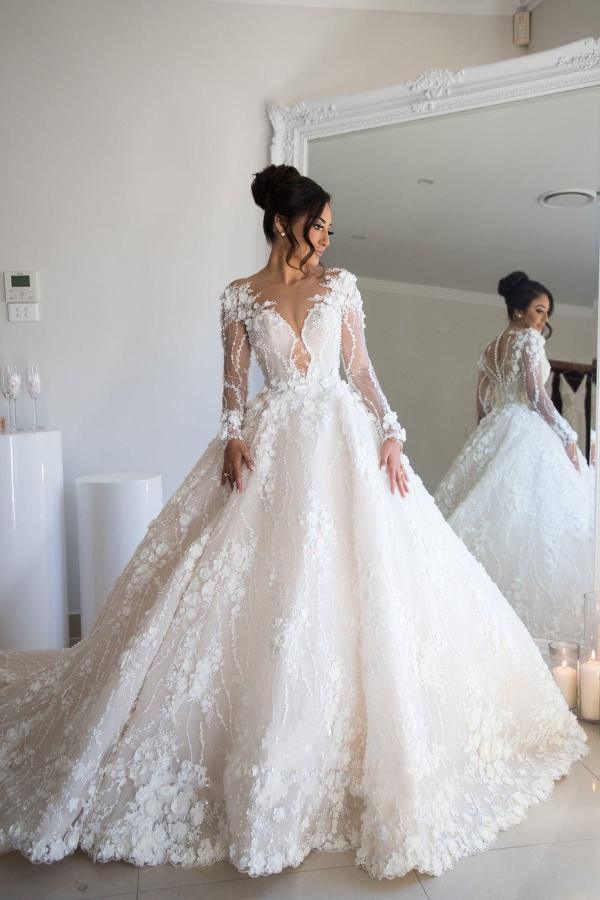 Sweetheart Open Back A Line Long Sleeves Wedding Dress With Tulle Lace