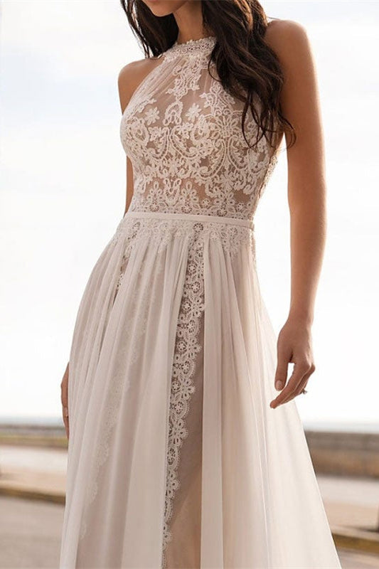 Halter Sleeveless Lace Wedding Dress Halter Neckline Bridal Gown