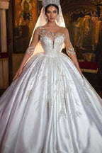 Elegant Satin Long Princess Wedding Dress With Sleeves And Sweetheart Neckline