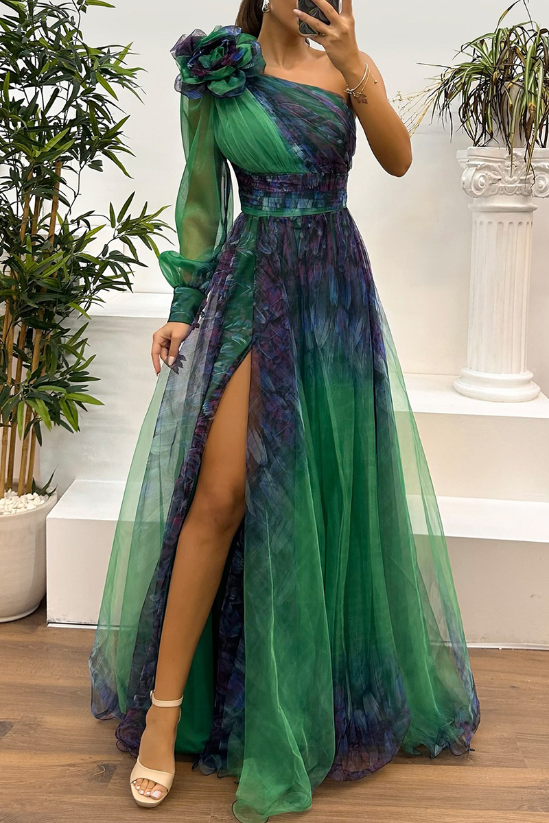 Vestidos de Noite Sexy para Baile de Finalistas com Estampa Floral, Fenda, Transparência em Tule e Decote Assimétrico (6 Cores)