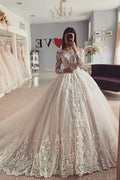 Modern Bateau Lace Appliques Long Sleeve A Line Tulle Wedding Dress