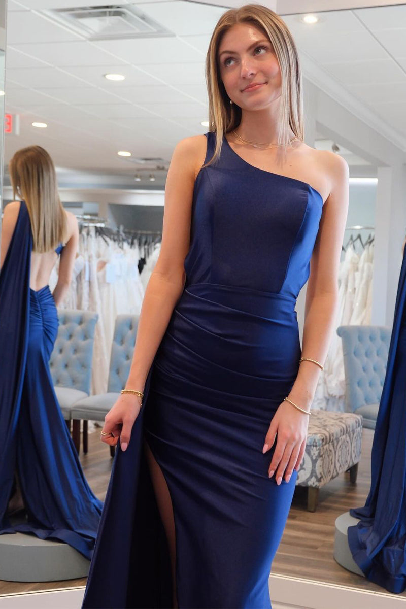 Einfache Meerjungfrau One-Shoulder Marineblau Satin Lange Ballkleider