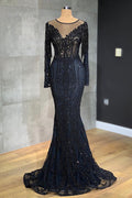 Vestido de Baile Elegante Comprido de Sereia em Tule e Renda com Mangas