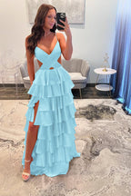 Spaghetti Strap Sleeveless Prom Dress With Ruffles And Long Split