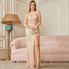 Vestidos de noche largos con lentejuelas brillantes color champán estilo sirena para mujer 2025, sexys, con tirantes finos, espalda descubierta y abertura larga para fiesta de gala o baile de graduación