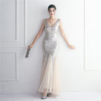 Sequin Mesh Craft Beaded Party Dress: Elegant Long Cocktail Slim Fit Evening Dress