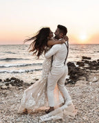 Charming V Neck Long Mermaid Floral Wedding Dress With Lace Backless