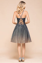 Robe de soirée bronzante élégante à bretelles spaghetti, longueur genou, décolleté en V profond, dos nu, robe de bal avec poche
