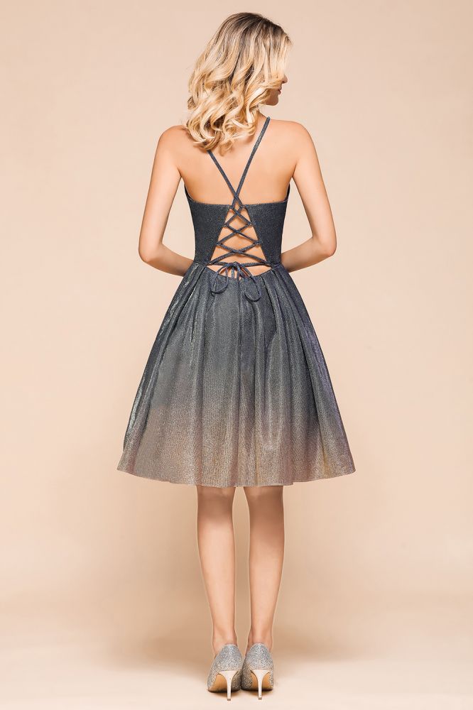Robe de soirée bronzante élégante à bretelles spaghetti, longueur genou, décolleté en V profond, dos nu, robe de bal avec poche