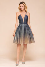 Robe de soirée bronzante élégante à bretelles spaghetti, longueur genou, décolleté en V profond, dos nu, robe de bal avec poche