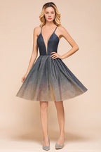 Robe de soirée bronzante élégante à bretelles spaghetti, longueur genou, décolleté en V profond, dos nu, robe de bal avec poche