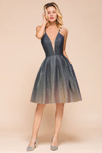 Robe de soirée bronzante élégante à bretelles spaghetti, longueur genou, décolleté en V profond, dos nu, robe de bal avec poche