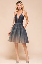 Robe de soirée bronzante élégante à bretelles spaghetti, longueur genou, décolleté en V profond, dos nu, robe de bal avec poche