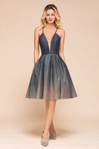 Robe de soirée bronzante élégante à bretelles spaghetti, longueur genou, décolleté en V profond, dos nu, robe de bal avec poche