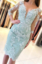 Elegante vestido de fiesta corto ajustado de encaje con mangas 3/4