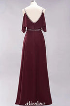 Vestidos elegantes de dama de honor em chiffon, corte em A, decote em V, alças finas, sem mangas, comprimento até ao chão, com bordados de contas