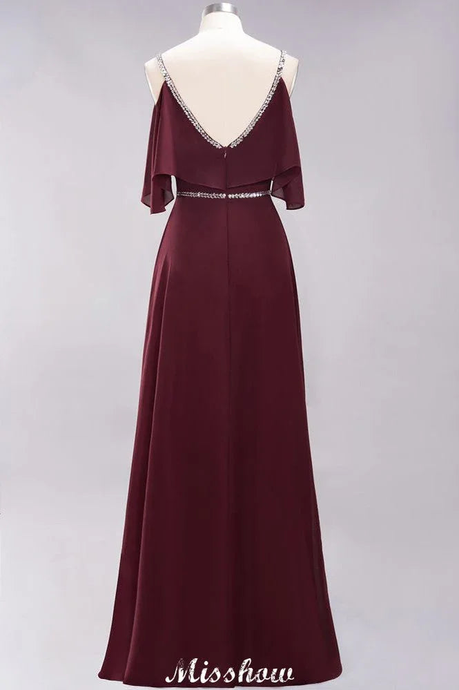 Vestidos elegantes de dama de honor em chiffon, corte em A, decote em V, alças finas, sem mangas, comprimento até ao chão, com bordados de contas