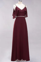 Vestidos elegantes de dama de honor em chiffon, corte em A, decote em V, alças finas, sem mangas, comprimento até ao chão, com bordados de contas