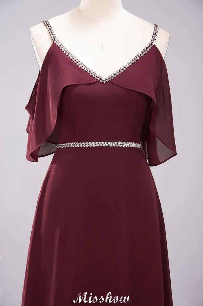 Vestidos elegantes de dama de honor em chiffon, corte em A, decote em V, alças finas, sem mangas, comprimento até ao chão, com bordados de contas