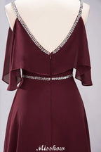 Vestidos elegantes de dama de honor em chiffon, corte em A, decote em V, alças finas, sem mangas, comprimento até ao chão, com bordados de contas