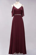 Vestidos elegantes de dama de honor em chiffon, corte em A, decote em V, alças finas, sem mangas, comprimento até ao chão, com bordados de contas