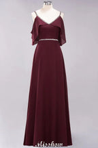 Vestidos elegantes de dama de honor em chiffon, corte em A, decote em V, alças finas, sem mangas, comprimento até ao chão, com bordados de contas
