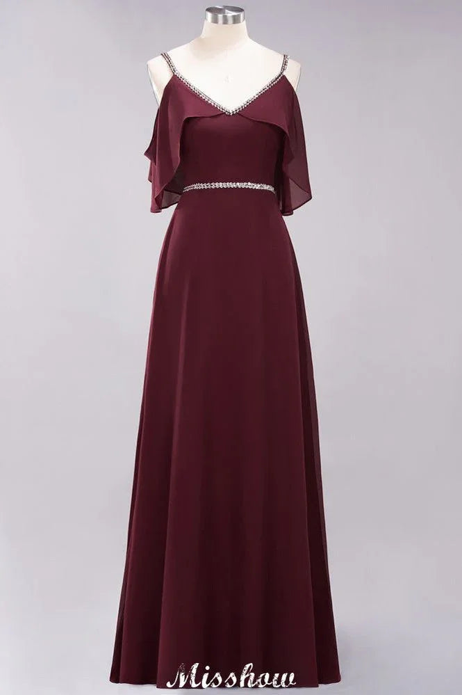 Vestidos elegantes de dama de honor em chiffon, corte em A, decote em V, alças finas, sem mangas, comprimento até ao chão, com bordados de contas