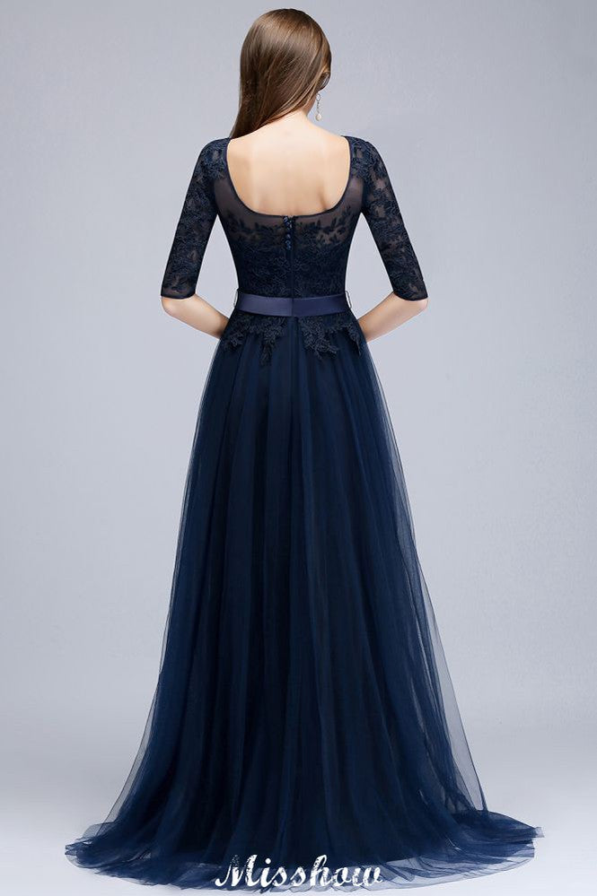 Elegante abito da damigella a linea ad A con maniche a mezza lunghezza e applicazioni in pizzo blu scuro
