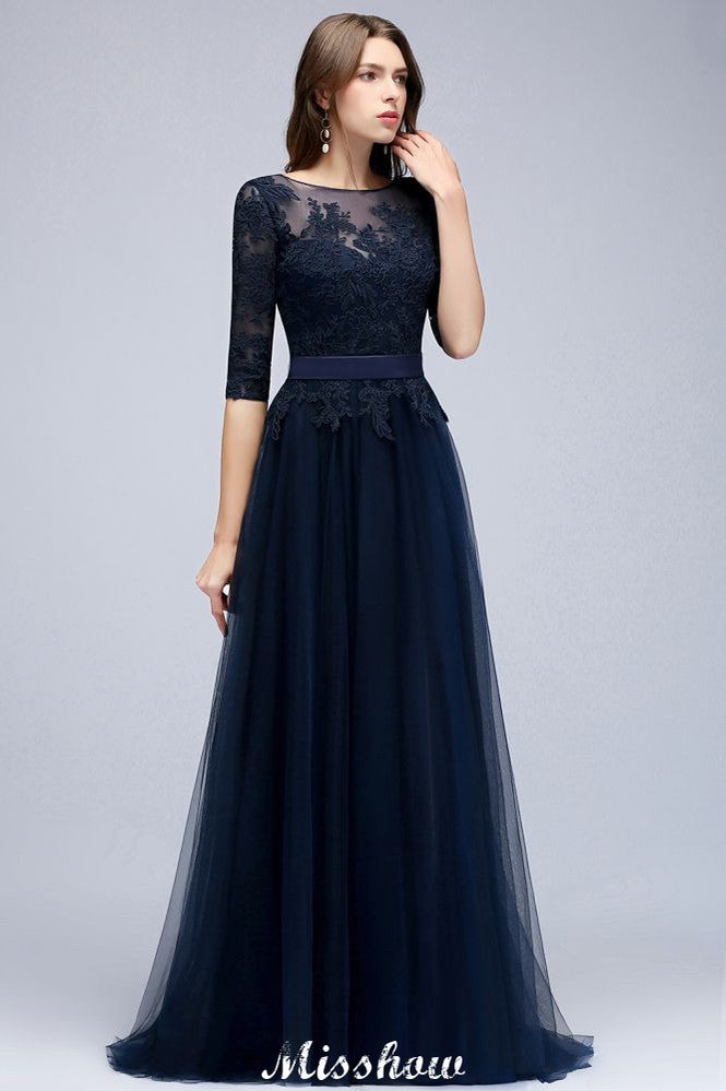 Elegante abito da damigella a linea ad A con maniche a mezza lunghezza e applicazioni in pizzo blu scuro