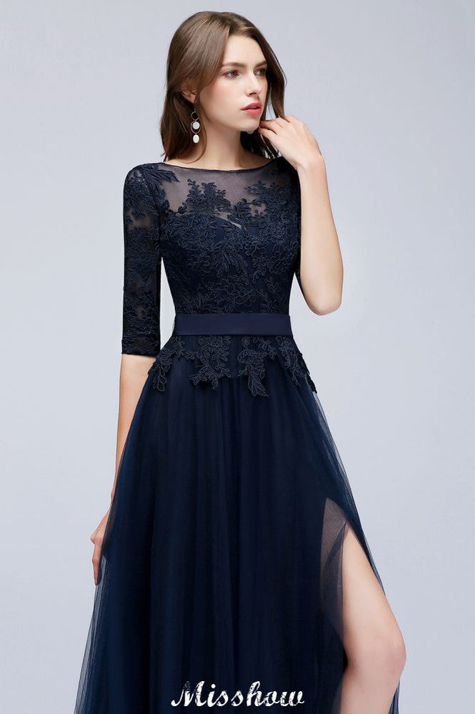 Elegante abito da damigella a linea ad A con maniche a mezza lunghezza e applicazioni in pizzo blu scuro