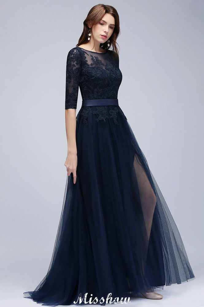 Elegante abito da damigella a linea ad A con maniche a mezza lunghezza e applicazioni in pizzo blu scuro