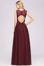 Vestidos elegantes de madrinha de casamento em linha A, sem mangas, em renda, com folhos de chiffon, decote em joia, comprimento até ao chão, com apliques