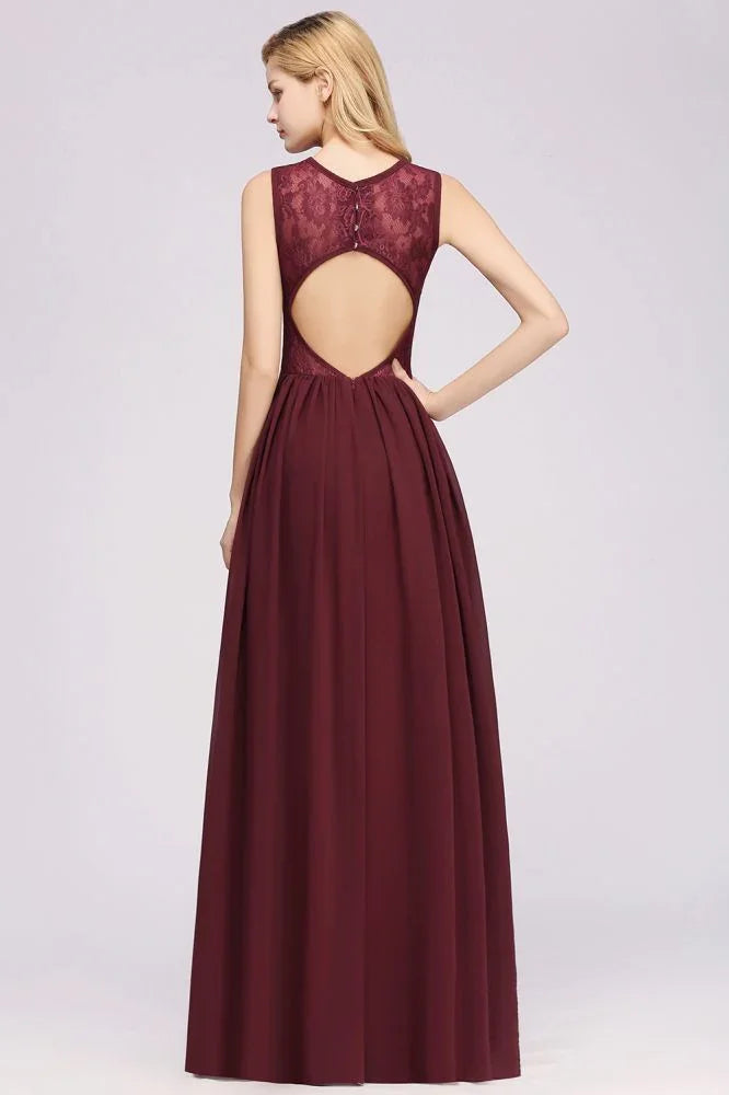 Vestidos elegantes de madrinha de casamento em linha A, sem mangas, em renda, com folhos de chiffon, decote em joia, comprimento até ao chão, com apliques