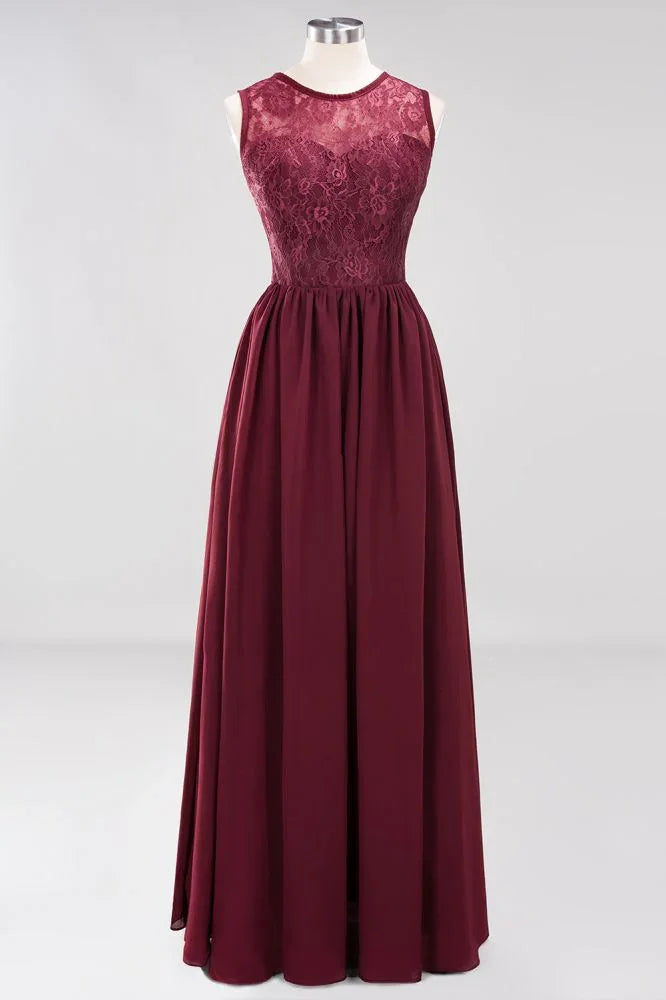 Vestidos elegantes de madrinha de casamento em linha A, sem mangas, em renda, com folhos de chiffon, decote em joia, comprimento até ao chão, com apliques