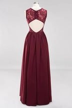 Vestidos elegantes de madrinha de casamento em linha A, sem mangas, em renda, com folhos de chiffon, decote em joia, comprimento até ao chão, com apliques
