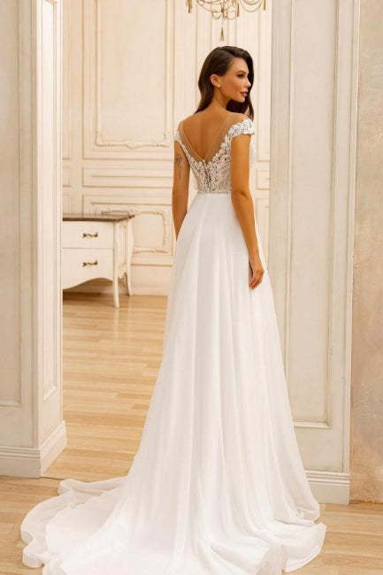 Elegante abito da sposa bianco senza maniche a linea ad A con scollo a cuore, pizzo, applicazioni e balze