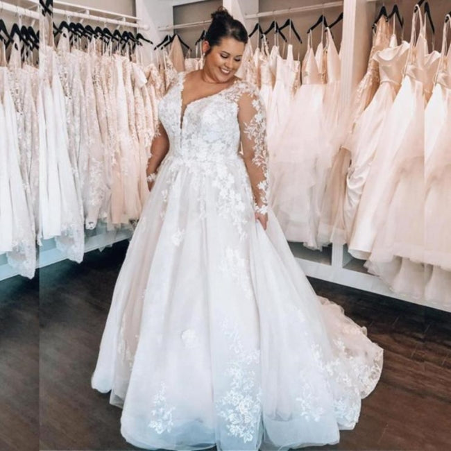 Elegant A-line Lace V-neck Plus Size wedding dresses with Long sleeves