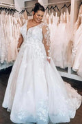 Vestidos de noiva elegantes em linha A com decote em V de renda, tamanhos grandes, com mangas compridas