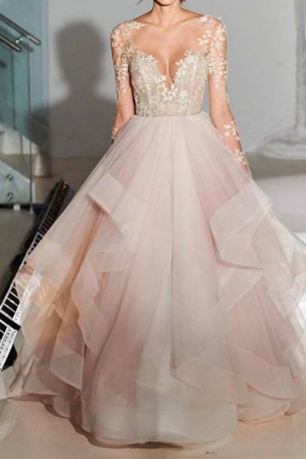 Abiti da sposa eleganti a linea ad A con maniche lunghe in tulle e applicazioni