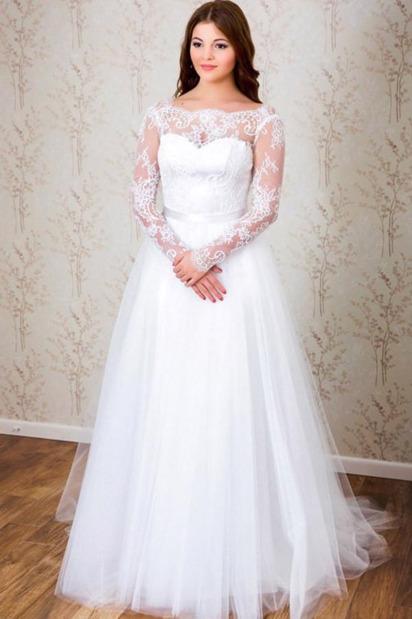Elegante vestido de novia de encaje blanco con mangas largas y corte en A
