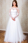 Elegante vestido de novia de encaje blanco con mangas largas y corte en A