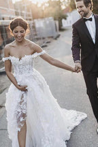 Elegant A-Line Off Shoulder White Tulle Wedding Dress with Appliques