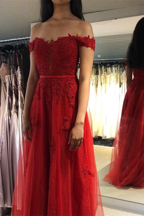Robe de bal longue en tulle élégante, ligne A, décolletée épaules nues avec dentelle appliquée