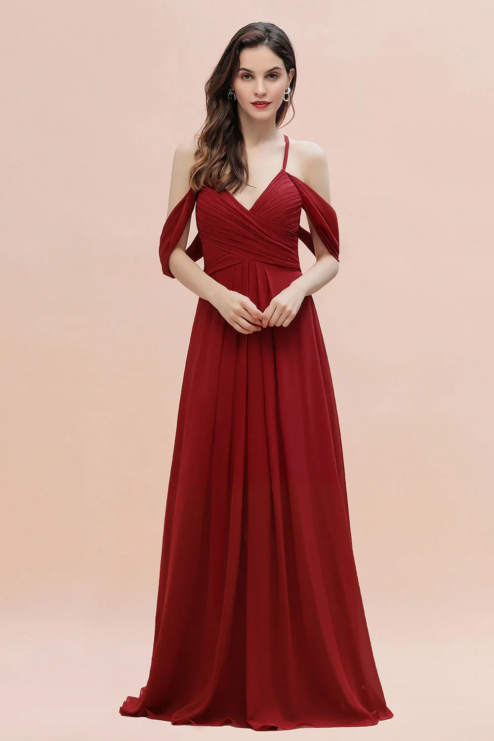 Elegantes A-Linien Kleid mit schulterfreiem V-Ausschnitt und gerafftem langen Brautjungfernkleid