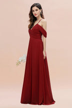 Elegantes A-Linien Kleid mit schulterfreiem V-Ausschnitt und gerafftem langen Brautjungfernkleid