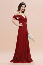 Elegantes A-Linien Kleid mit schulterfreiem V-Ausschnitt und gerafftem langen Brautjungfernkleid