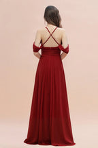 Elegantes A-Linien Kleid mit schulterfreiem V-Ausschnitt und gerafftem langen Brautjungfernkleid