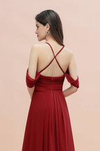 Elegantes A-Linien Kleid mit schulterfreiem V-Ausschnitt und gerafftem langen Brautjungfernkleid