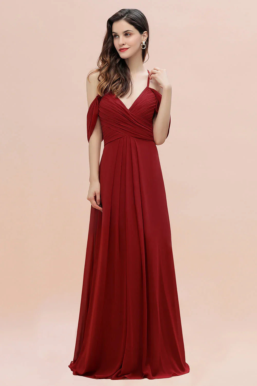 Elegantes A-Linien Kleid mit schulterfreiem V-Ausschnitt und gerafftem langen Brautjungfernkleid