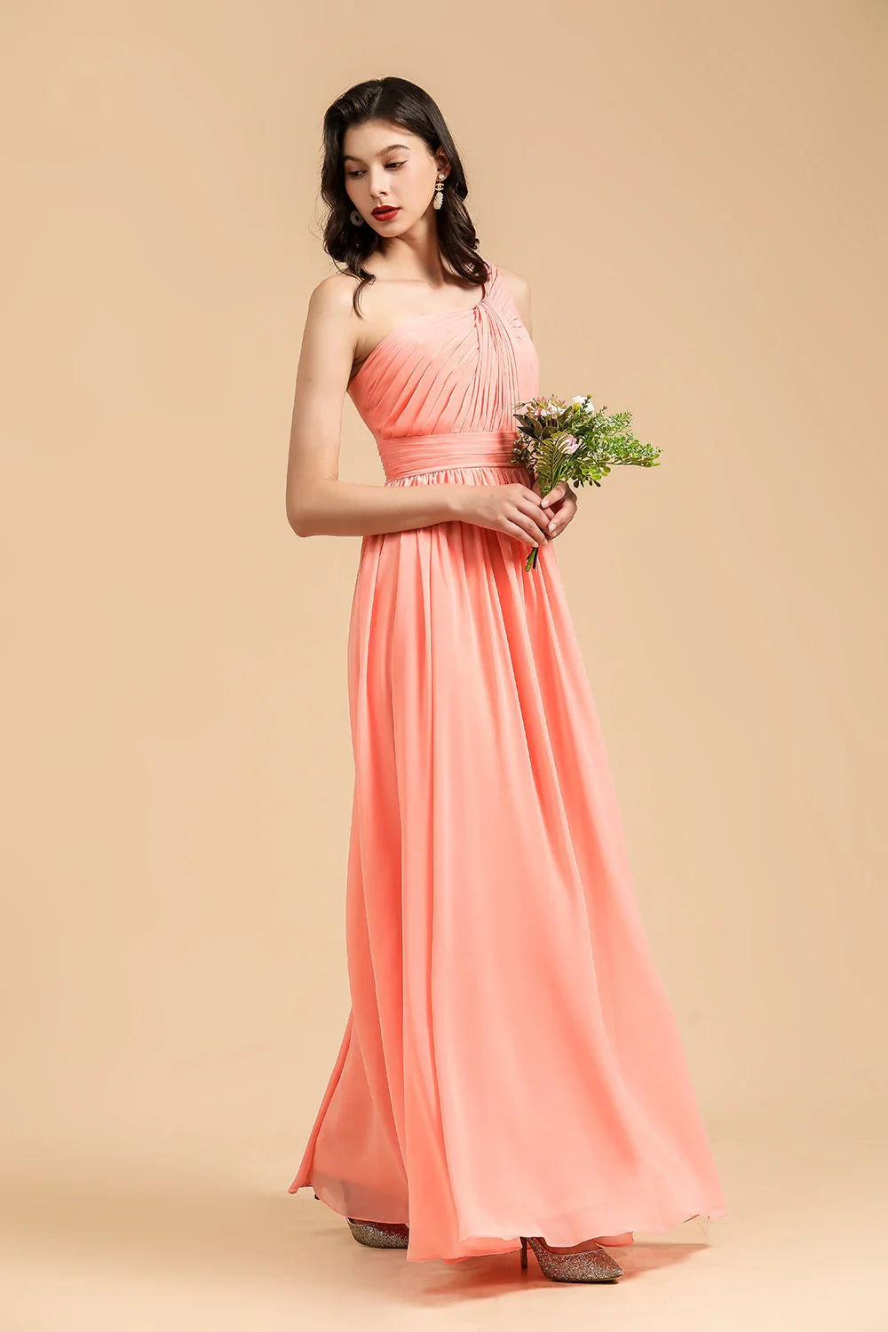 Elegant A-line One Shoulder Coral Chiffon Long Bridesmaid Dress
